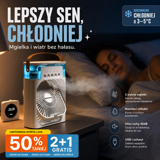 🌀🍃 BŁYSKAWICZNA PROMOCJA -50%! Przenośny Klimatyzator Wielofunkcyjny – Wentylator z Nawilżaczem, Zbiornik 200ml, Bateria 1200mAh, Cichy i Kompaktowy, 2 Kolory