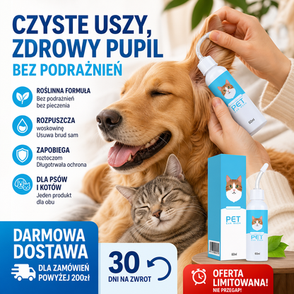 🐶🐱 Płyn do czyszczenia uszu dla psów i kotów – 50% ZNIŻKI! KUP 2 → 1 GRATIS! OFERTA LIMITOWANA!✨Skutecznie usuwa zanieczyszczenia, woskowinę i łagodzi świąd – delikatna formuła bezpieczna dla zwierząt. 🧴