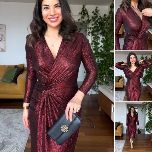 Sukienka Kopertowa z Dekolt V, Marszczeniem i Rozcięciem