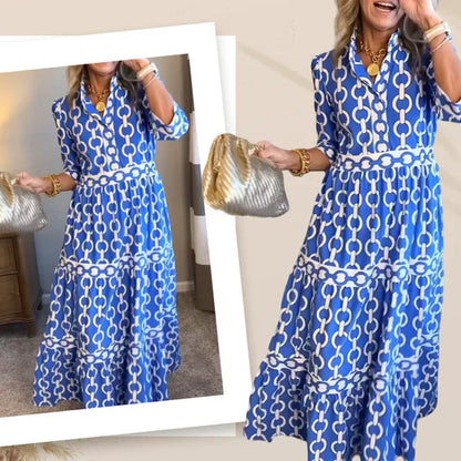 🌸💐Damska sukienka maxi z geometrycznym nadrukiem i dekoltem w szpic