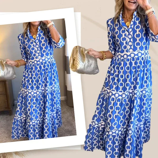 🌸💐Damska sukienka maxi z geometrycznym nadrukiem i dekoltem w szpic